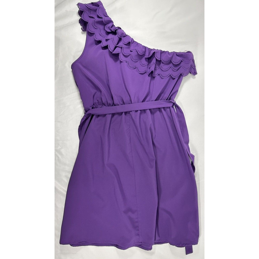 Soulmates Dress Women's Sz M Purple Sleeveless One‎ Shoulder Ruffle Fit & Flare - Picture 4 of 10